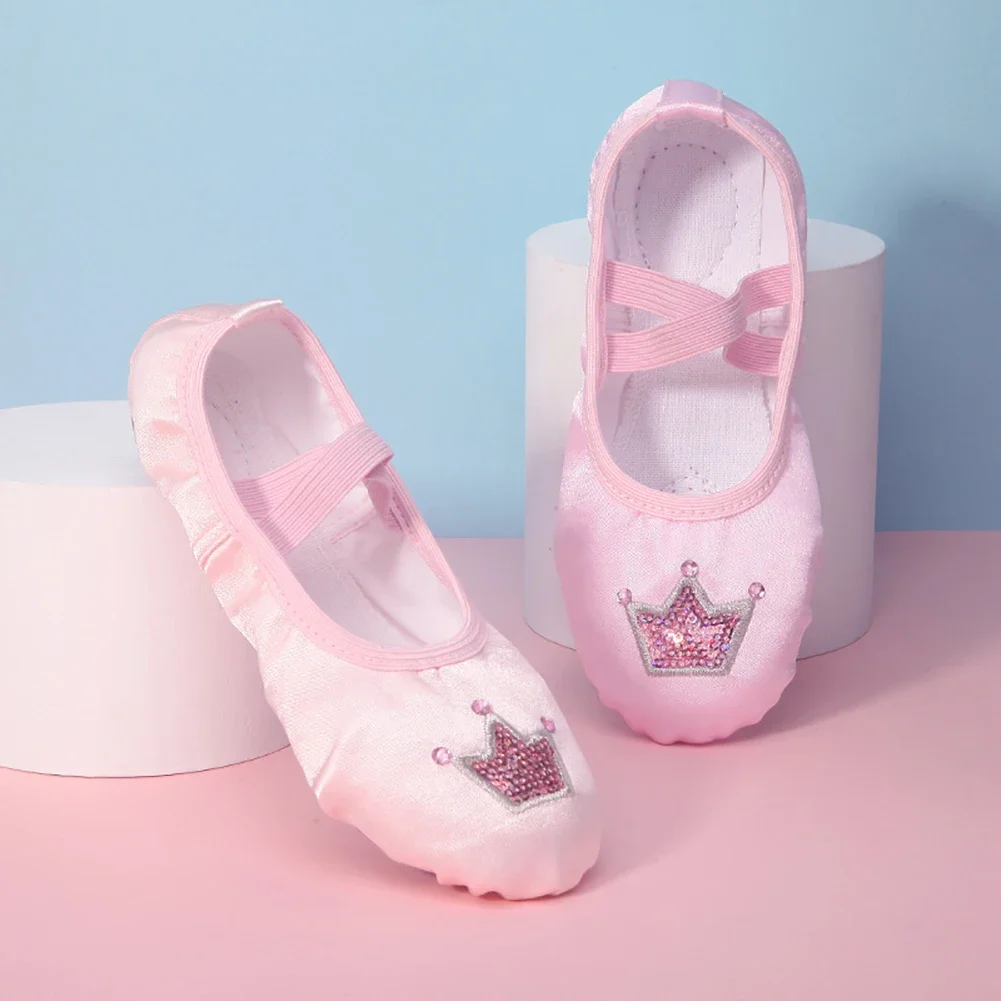 Children's Dance Shoe Soft Sole Practicing Cat Claw Satin Crown Embroidery Ballet Body Yoga Girl Indoor Gymnastics Shoes