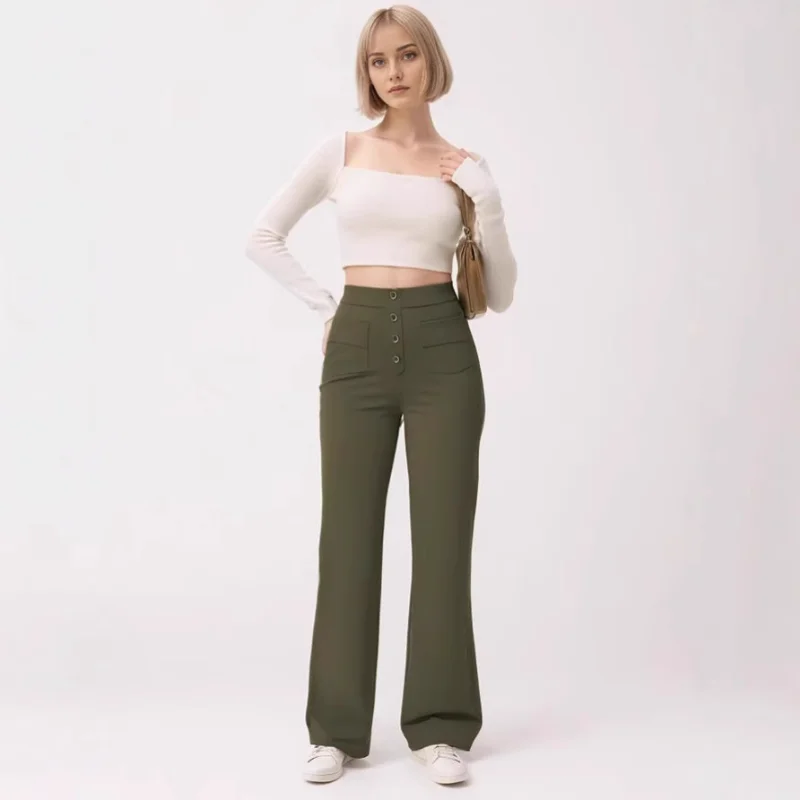 2025 New Women's High Waist Button Multi-Pocket Straight Casual Pants High Elasticity