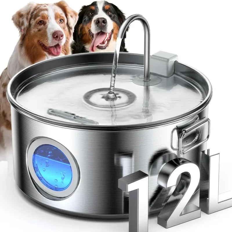 

Dog Water Fountain for Large Dogs, 3.2Gal/406oz/12L Stainless Steel Dog Water Fountain, Quiet Dog Water Bowl Dispenser