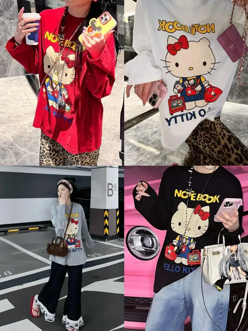 Hot Kawaii Hellokitty Cotton Sweatshirt Girl T-Shirt Cute Cartoon Loose Long-Sleeved Couple Wear Casual Versatile Tops Home Wear