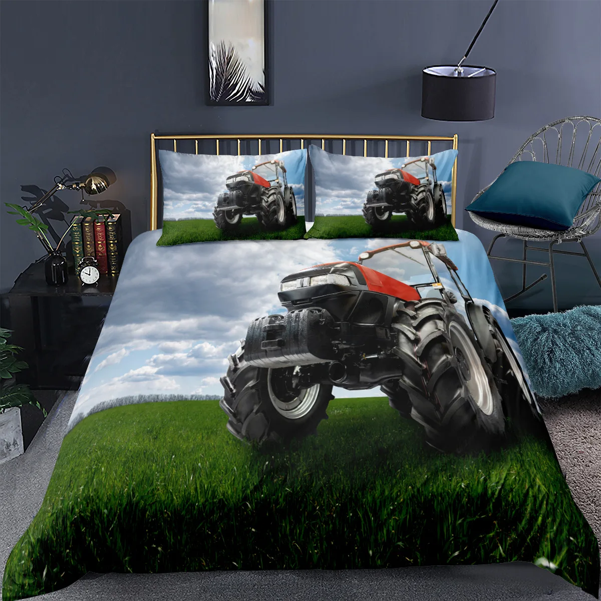 Tractor Kids Duvet Cover,Monster Truck on Farm Pattern Comforter Cover Set King/queen Size,Country Boys Hobby Cars Bedding Set