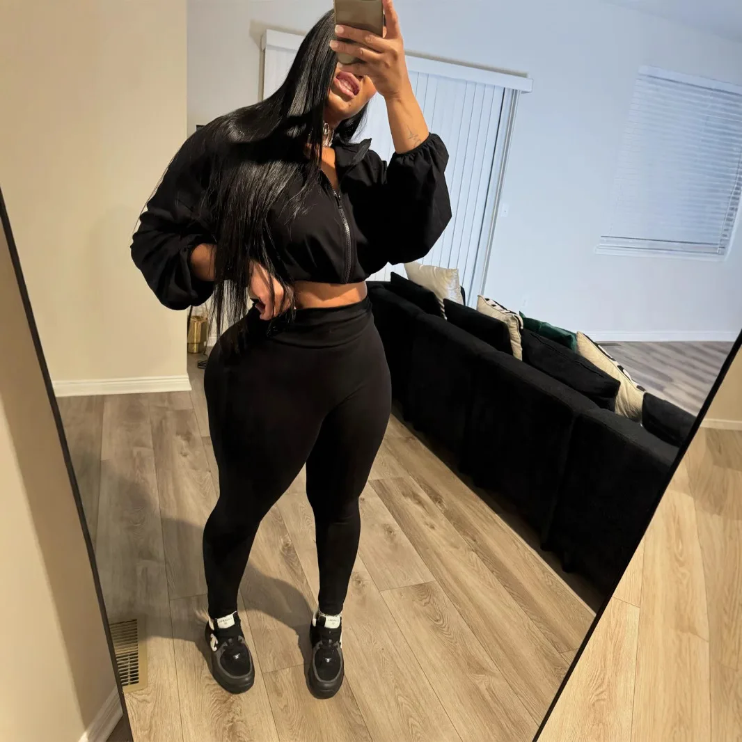 

Американские новые модные женские черные светло-серые однотонные повседневные модные комплекты из 2 предметов с длинными рукавами и капюшоном на молнии, узкие брюки