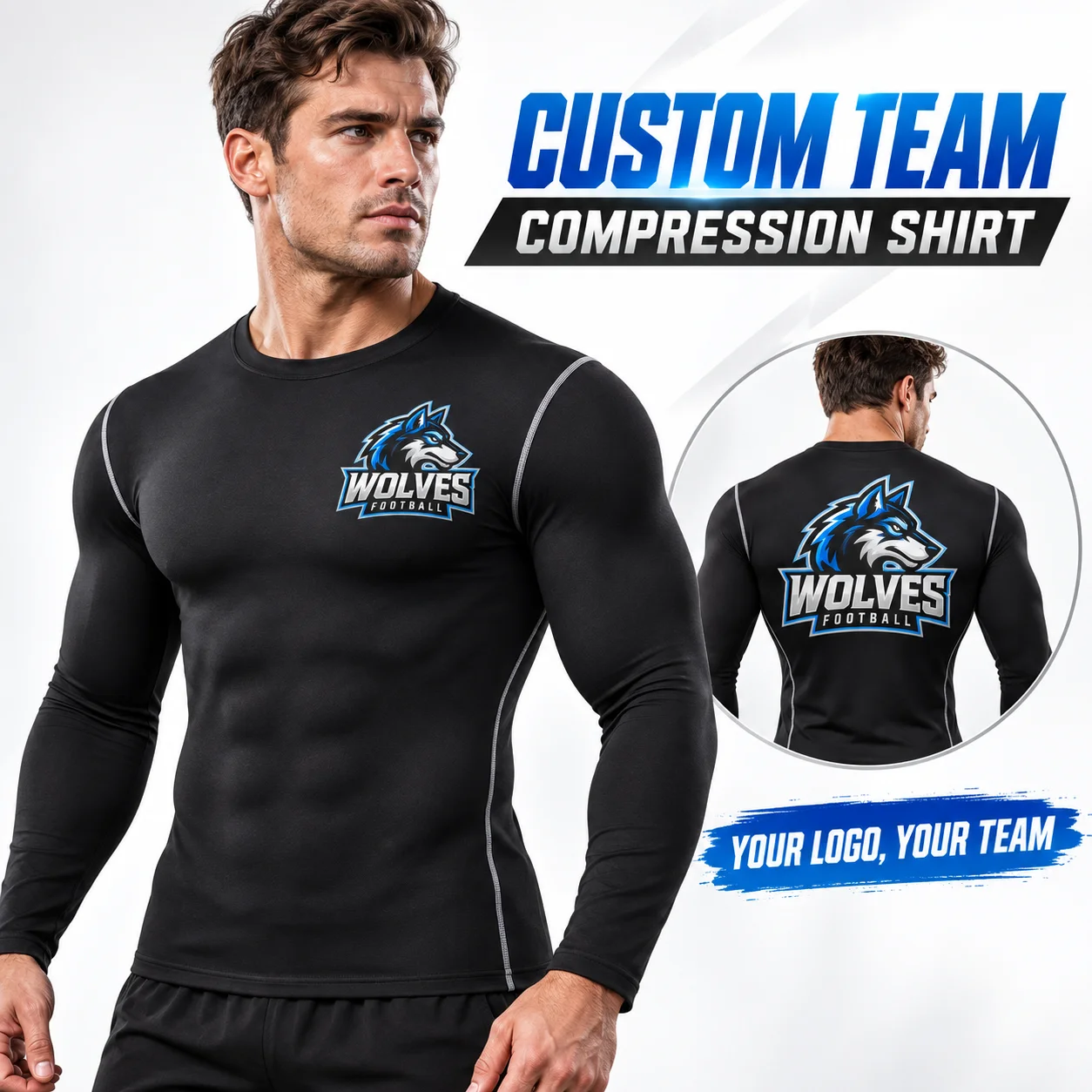 Custom Logo Men's Long Sleeve Compression Shirt Running Gym Cycling Base Layer Stretch Athletic Wear for Team Sports Training