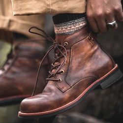 Handgemaakte Lederen Heren Laarzen Retro Ronde Neus Enkellaarzen Voor Heren Luxe Punk Street Style Heren Motorlaarzen Botas Para Hombre