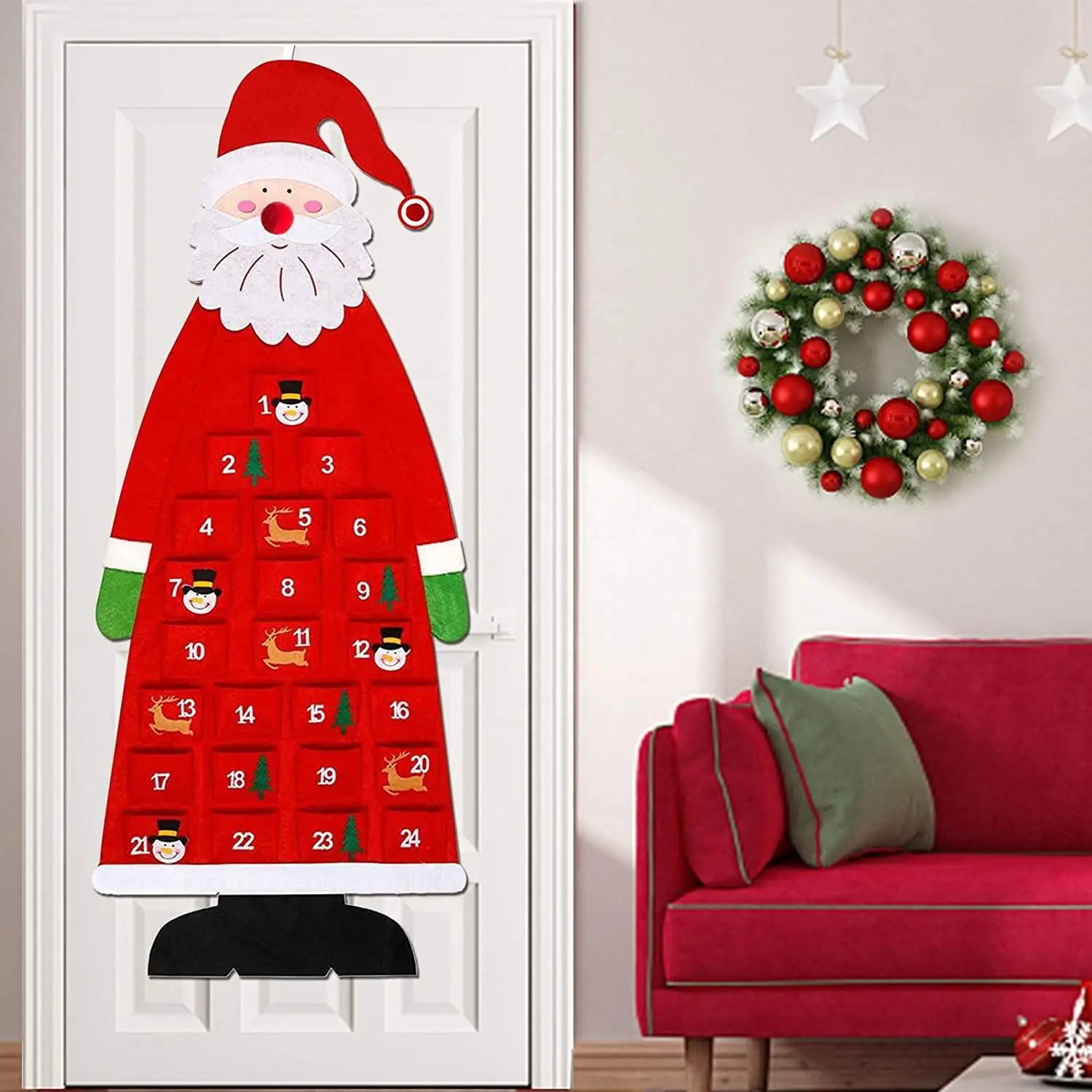 1/2/4PCS Interactive Felt Christmas Tree Advent Calendar for Kids Countdown to Xmas with Removable Ornaments Door Wall Decor