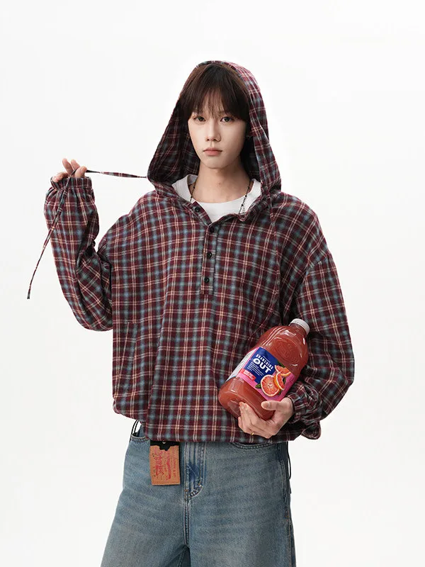 

Мужская винтажная рубашка в клетку с капюшоном, свободная верхняя одежда с длинным рукавом, весенняя повседневная кофта из полиэстера, устойчивая к износу