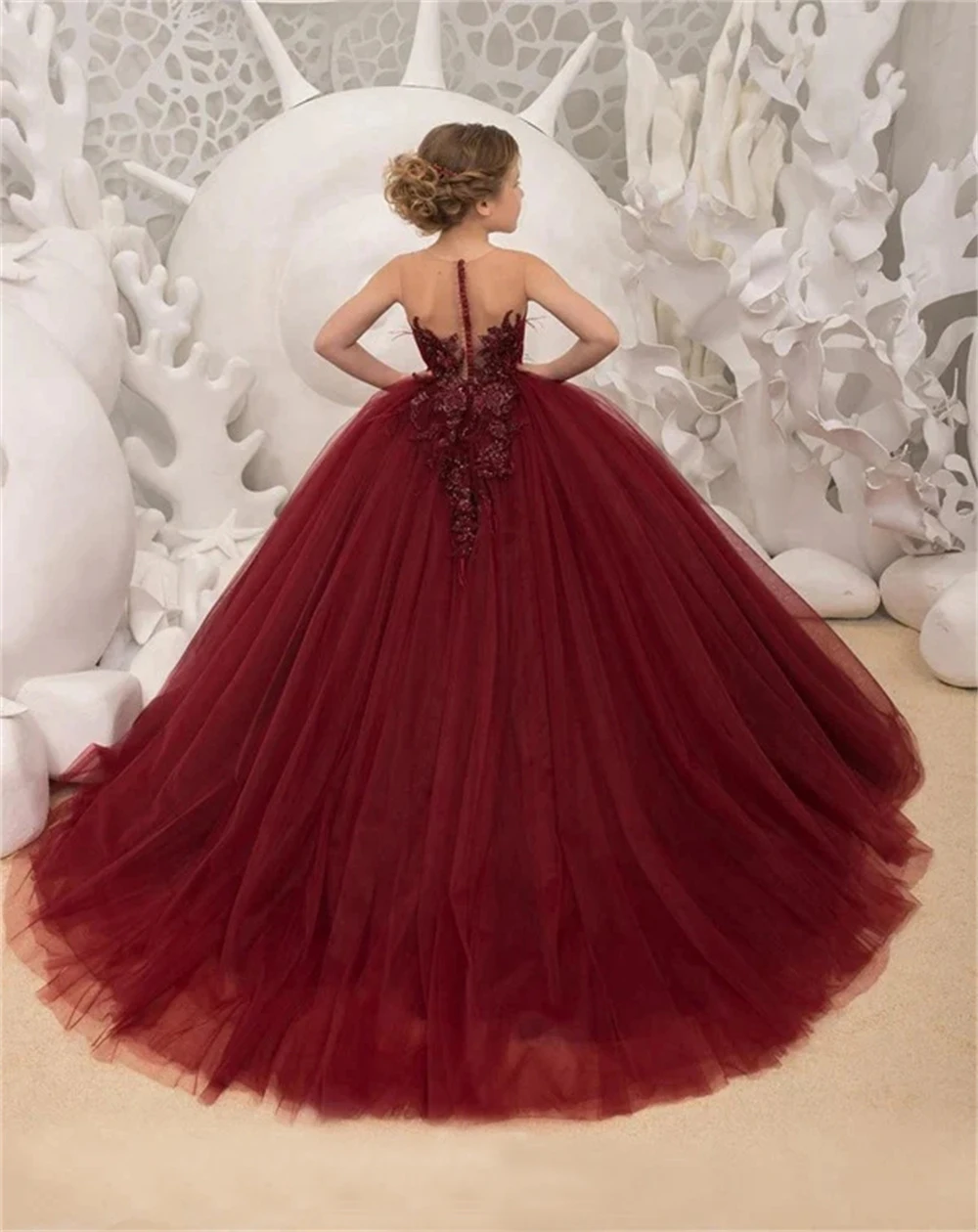 MisShow Lovely Tulle Flower Girl Dress for Wedding Burgundy Lace Applique Princess Pageant Dresses Long Birthday Party Ball Gown