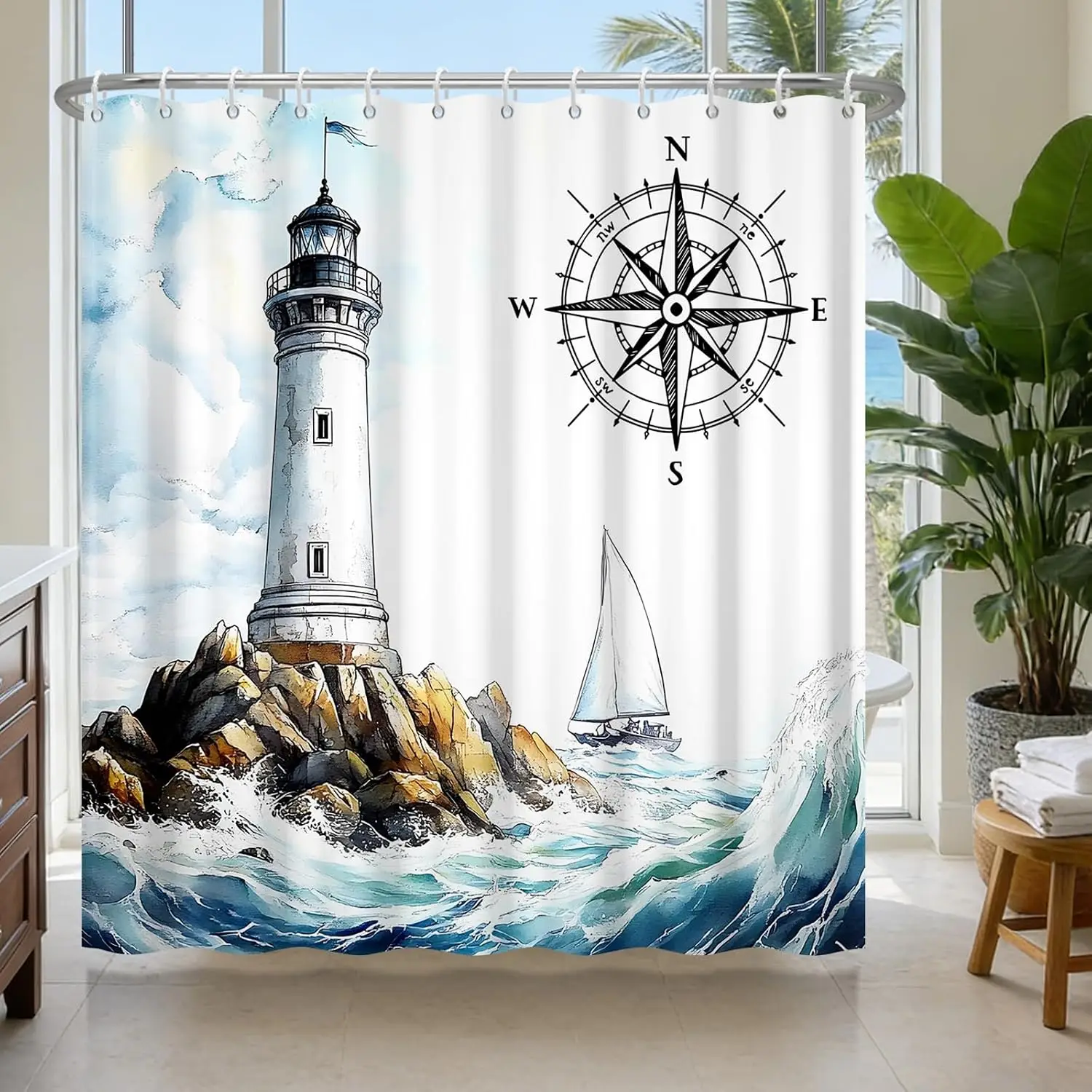 Premium Waterproof Shower Curtain Bathroom Decor Nautical Lighthouse Compass Rose Ocean Waves Coastal Maritime Home Accessory