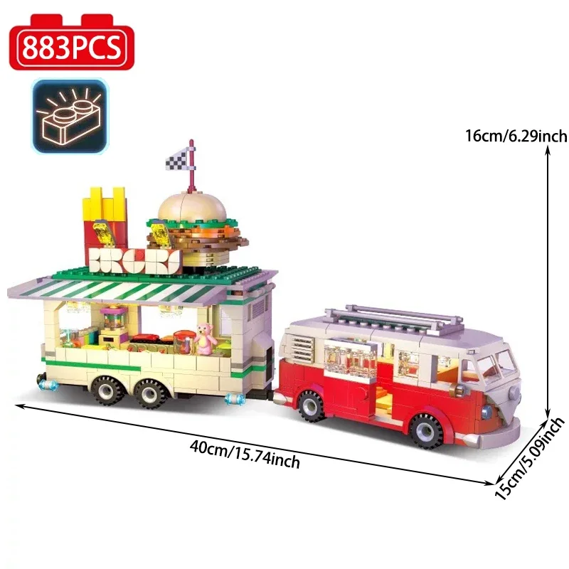 Ideeën Burger Joint Van Vrachtwagen Voertuig Bouwsteen Caravan Trailer Transport Auto Bakstenen Model Speelgoed Voor Kinderen Gift