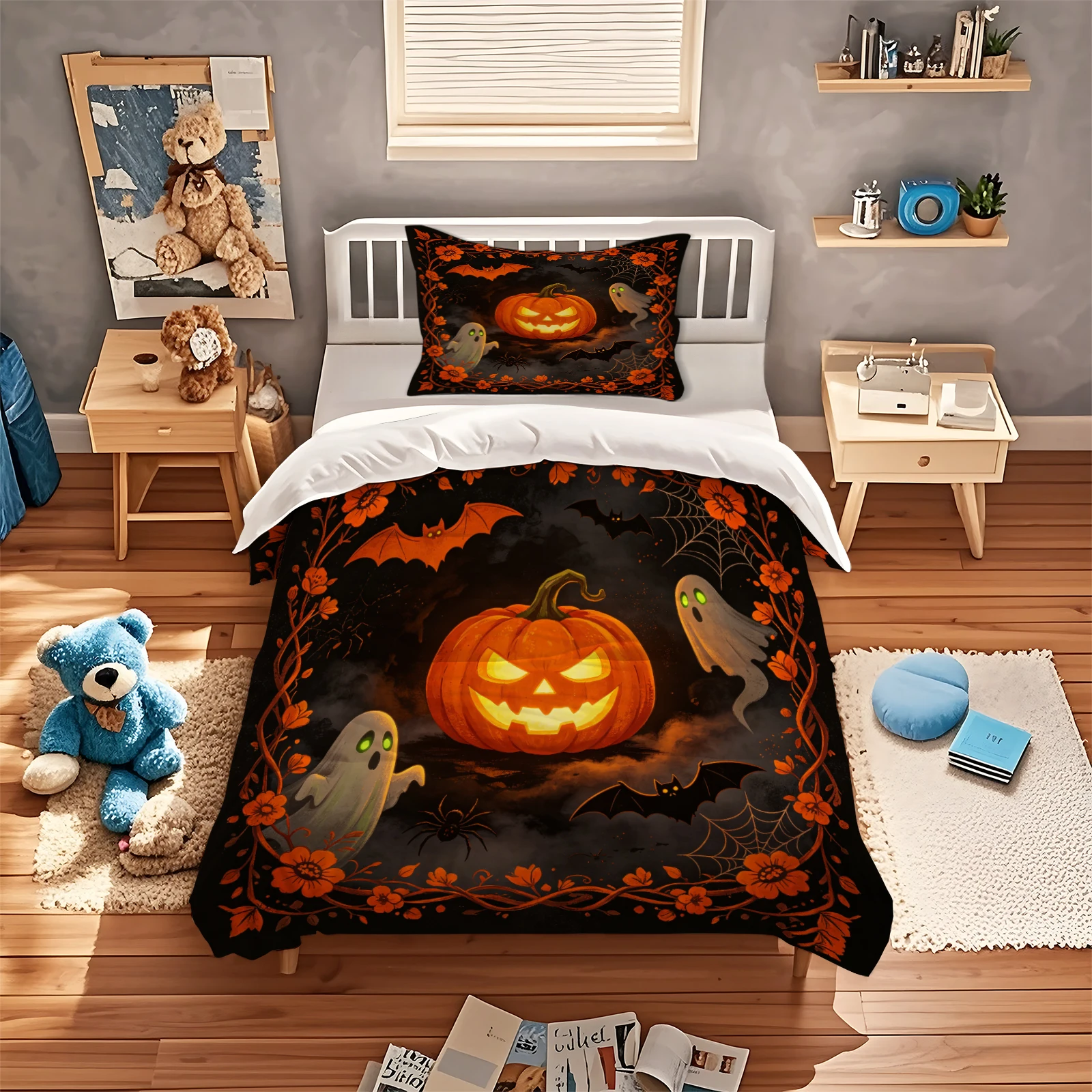 Halloween Jack‑O‑Lantern Duvet Cover Set Spooky Ghost Bat Spider Orange Floral Border Print Bedding Cover Holiday Bedroom Decor