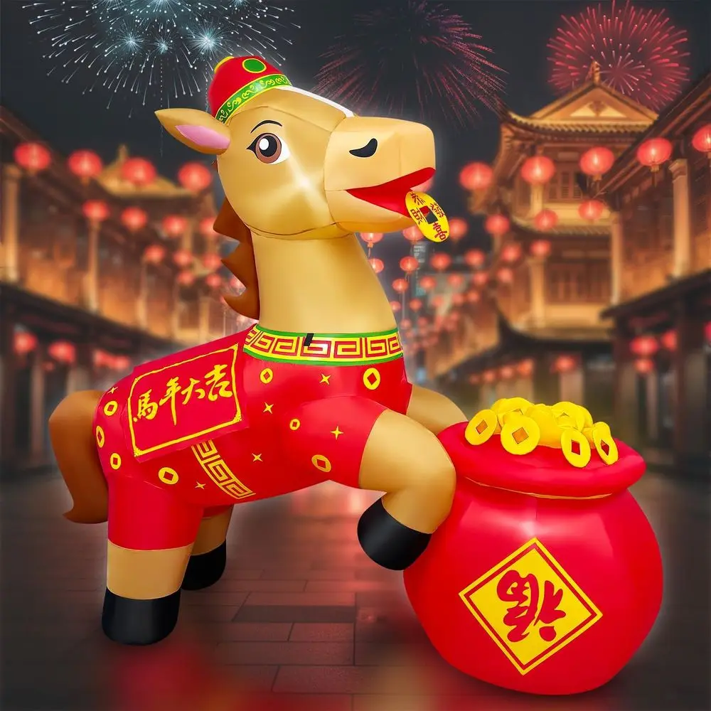 

6FT Iatable Chinese Horse with Red Outfit and Gold Coins, 2026 Year of The Horse Lunar New Year Outdoor Decoration with LED Ligh