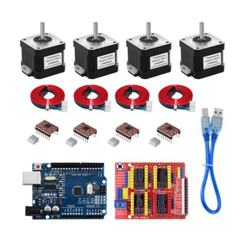 ABUN-4-Lead Nema17 Stepper Motor 17HS4401S + CNC-Shield V3 Engraving Machine+4Pcs A4988 Driver Expansion Board 3D Printer Kit