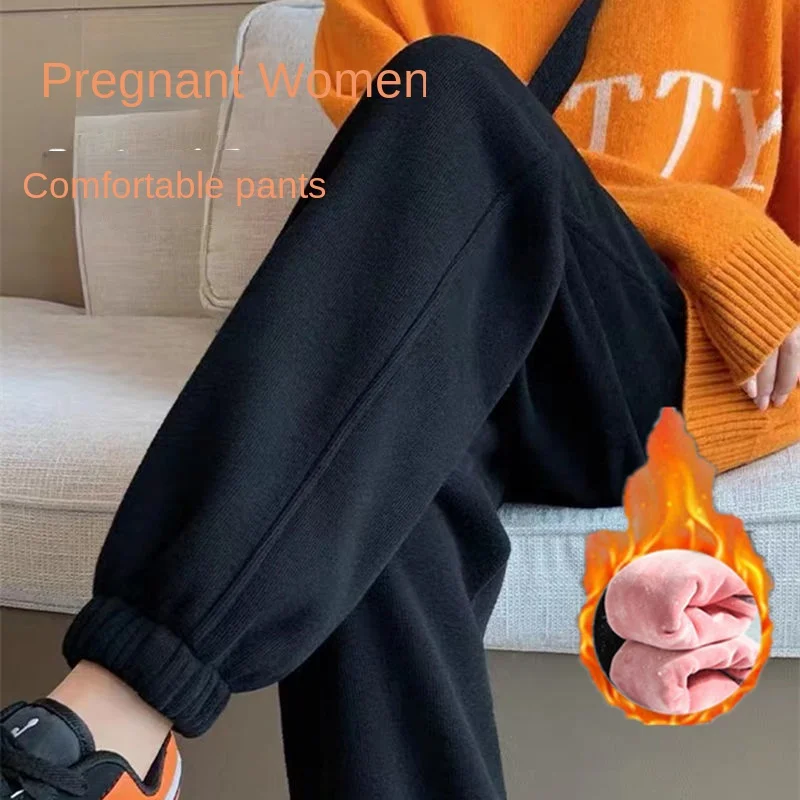 New Winter Pregnant Women\'s Casual Straight Bottom Sports Pants with Velvet Thickened Warm Sports Pants Loose Pants