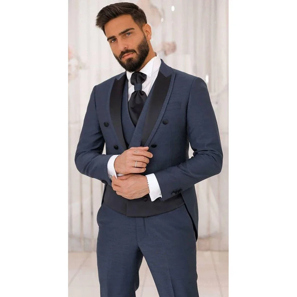 Navy Blue Slim Double Breasted Men Suit 3 Pieces Blazer+Pants+Vest Handsome Wedding Formal Work Causal Tailored Set