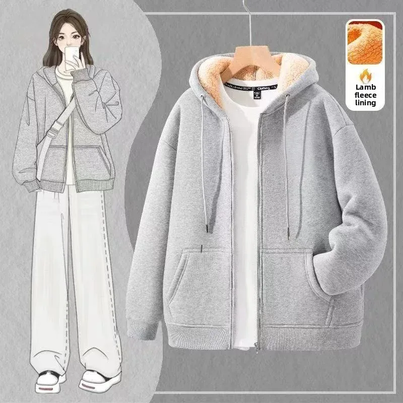 Lamb Fleece Lined Thickened Women's Jacket Winter Open Cardigan Sweatshirt Trendy Zipper Hooded Warm plus Size Loose Outerwear