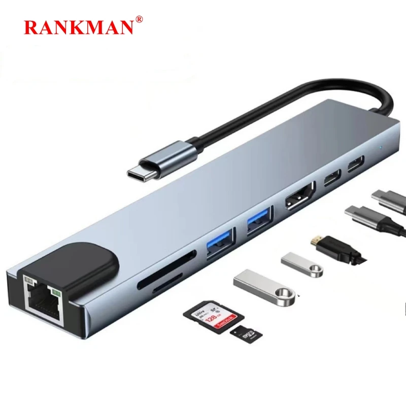 Rankman USB C Hub to RJ45 Lan 4K HDMI-Compatible USB 3.0 Type C Charging SD TF Card Reader for MacBook Samsung S21 Dex TV Laptop