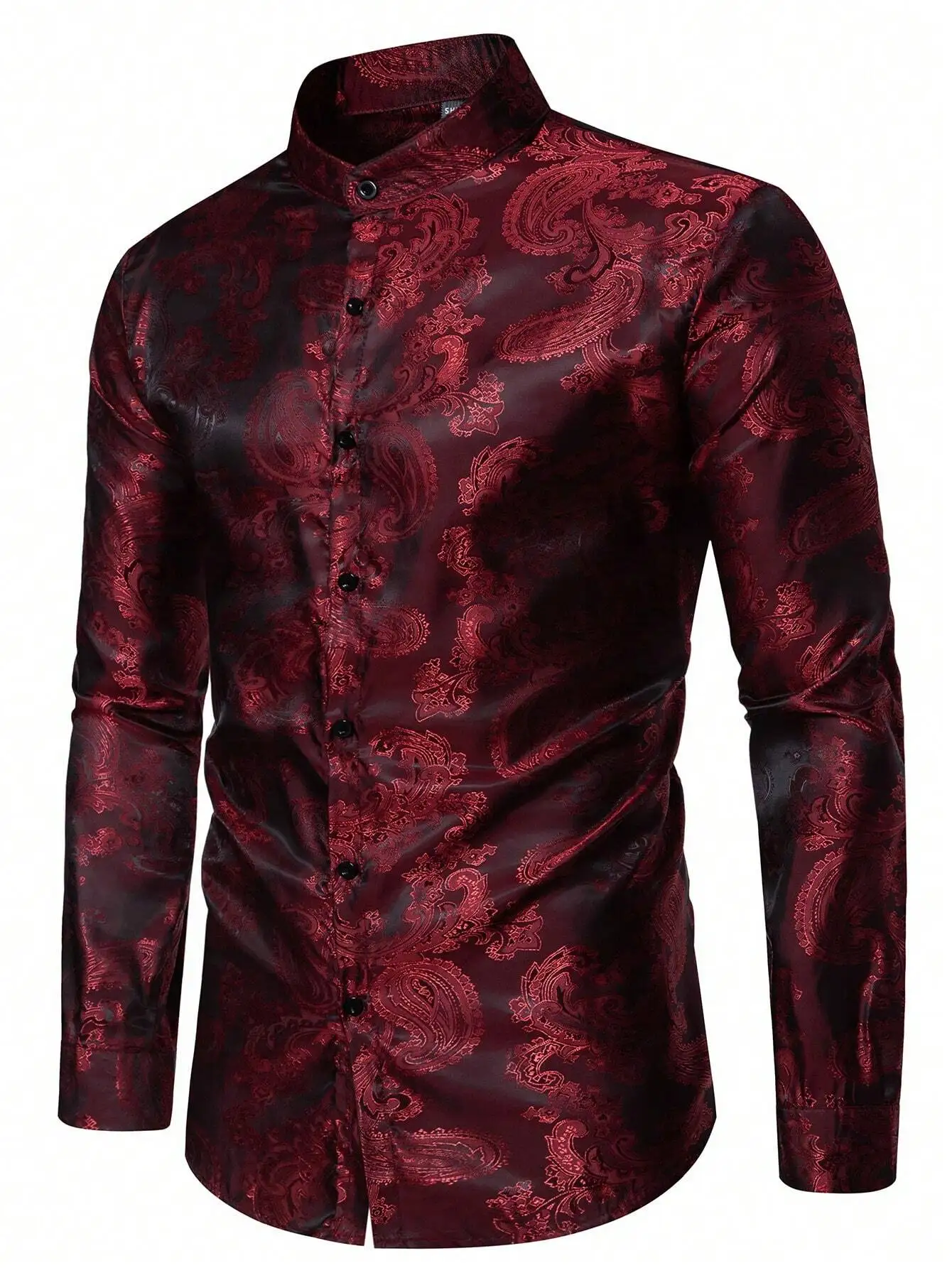 

Men's Loose Fit Paisley Print Button-Up Shirt in Dark Red Satin Finish