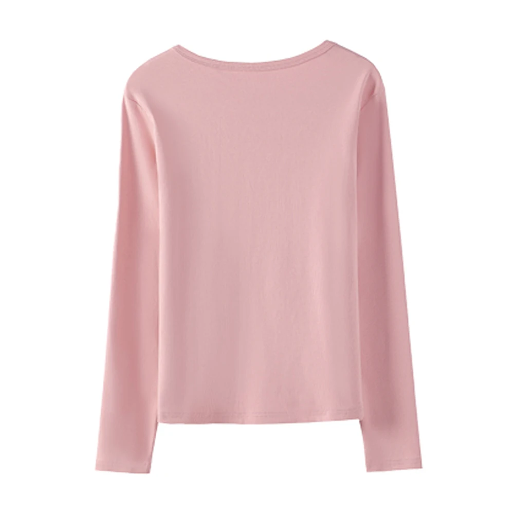 Korean style pink long sleeved t-shirt for women's autumn new cotton fashion plus size button slim fit fake two-piece V-neck top - view 2
