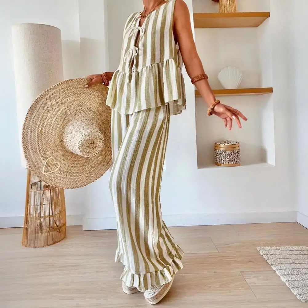 

Women's Striped 2 Piece Outfit Sleeveless Ruffle Tie Front Top Wide Leg Pants Set Summer Casual Lounge Matching Set