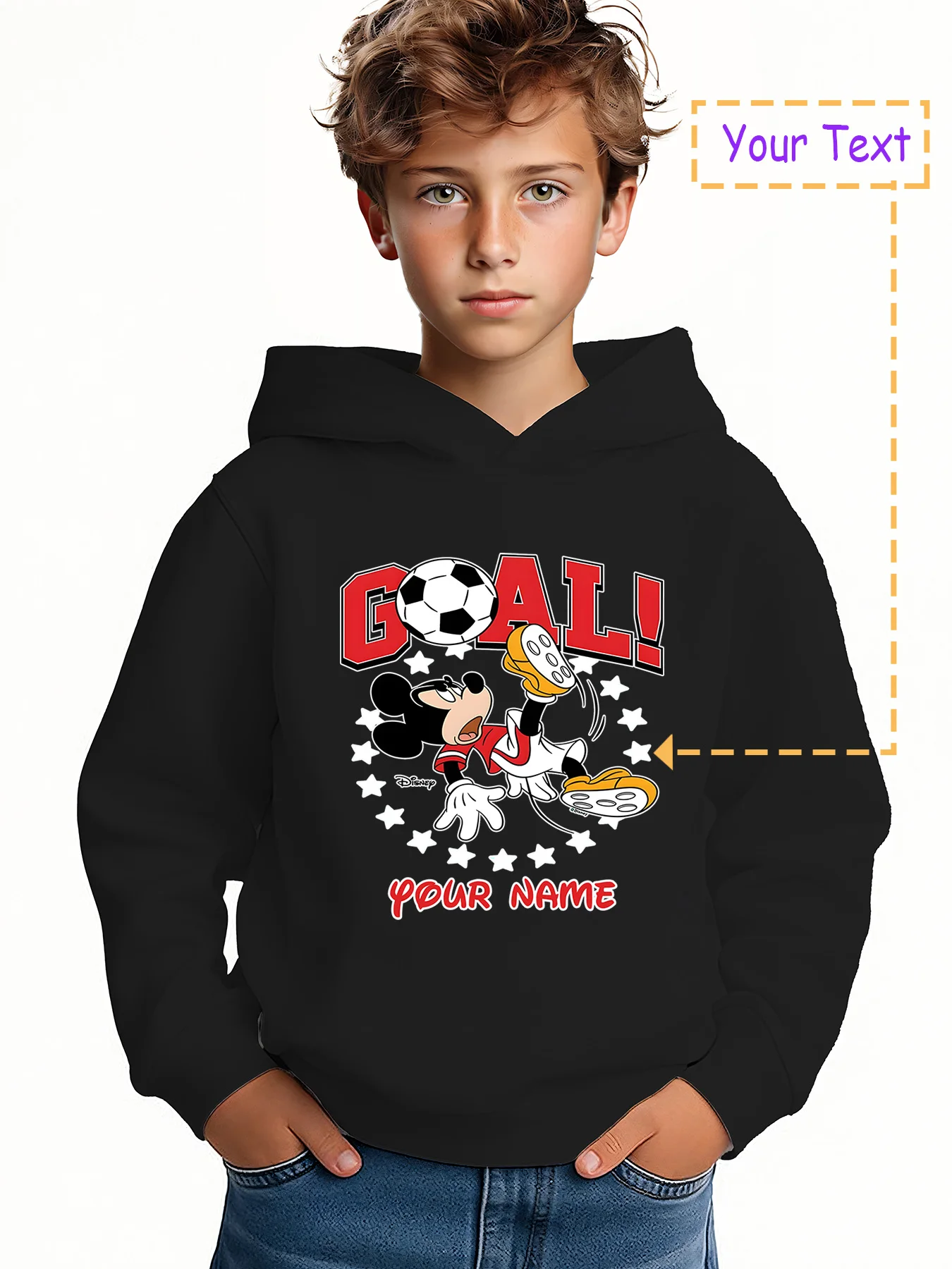 

MINISO Mickey Mouse Football GOAL Boys Hoodie - Featuring a Mickey Mouse kicking a soccer ball graphic, this sweatshirt exudes s