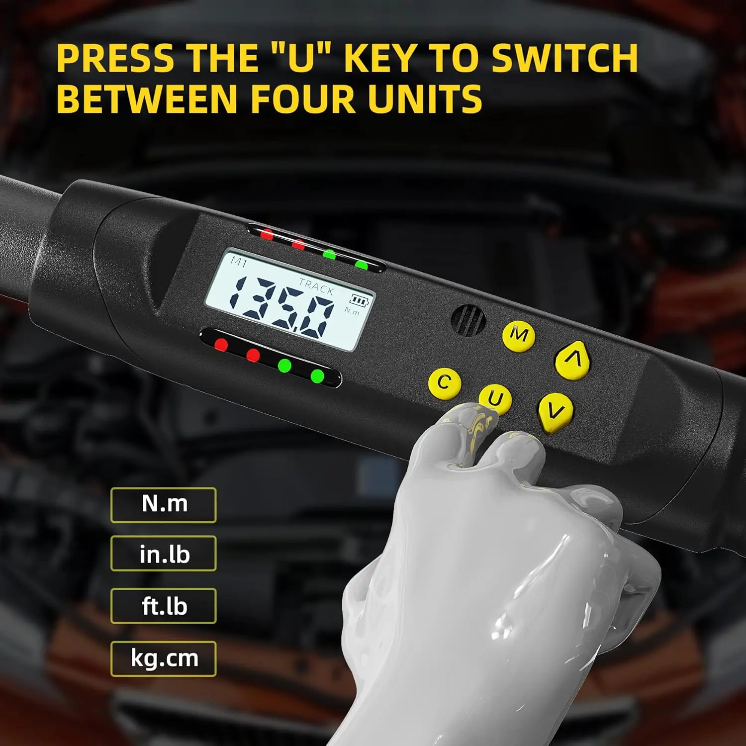 مفتاح عزم دوران رقمي 1/2 بوصة، 12.5-250.8 قدم.رطل/17-340 نيوتن متر، دقة ±2% مع أوضاع وتنبيهات محددة مسبقًا