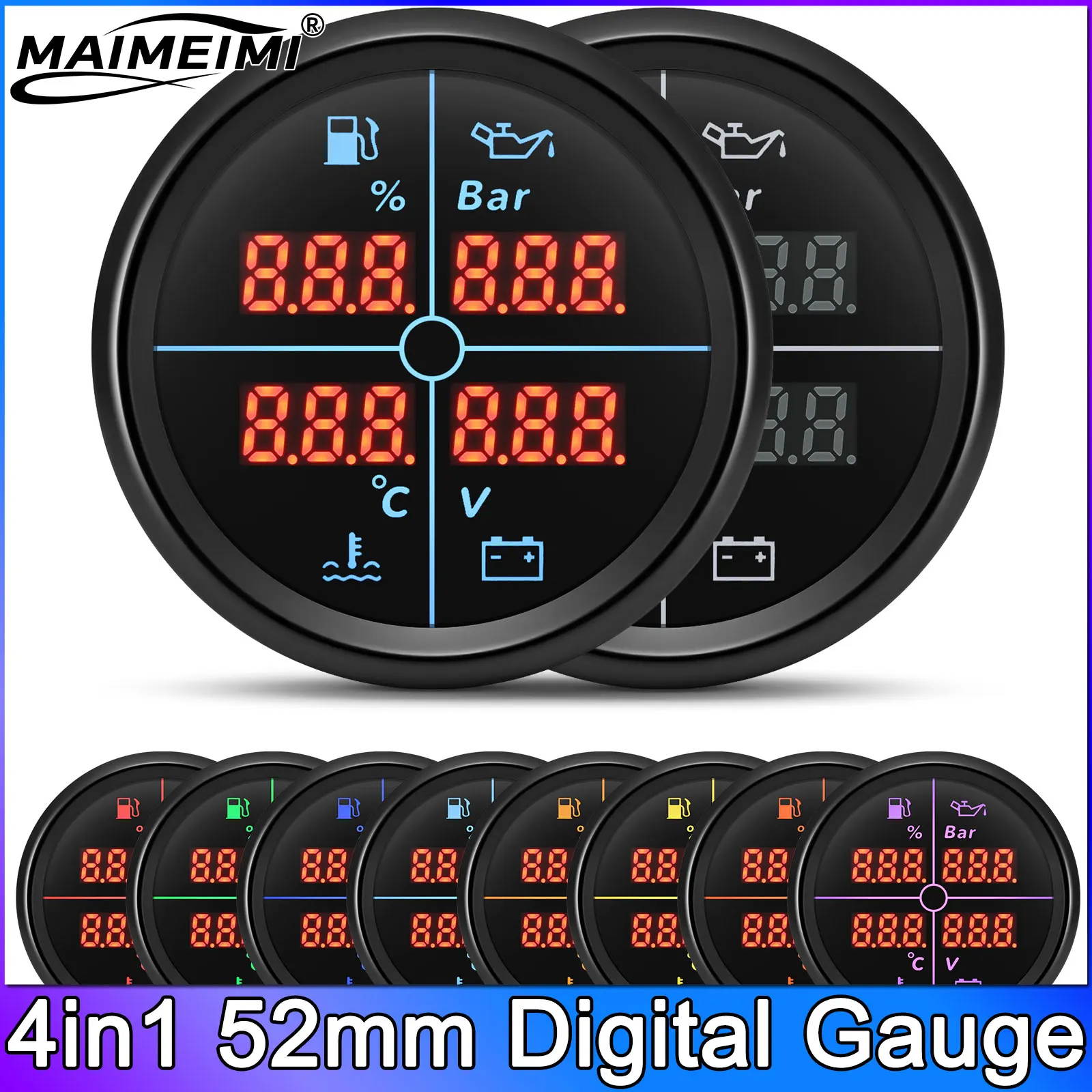 

8 Color 4IN1 52mm Water Temp Gauge 0-190ohm Fuel Level Gauge Voltmeter Voltage BAR Oil Pressure Meter for Car Boat Yacht