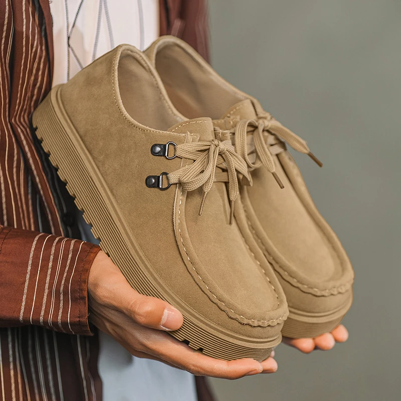 

Vintage Khaki Casual Shoes For Man Suede Loafers Comfy Lace-up Platform Shoes Man 2025 Spring Brand Men's Shoes chaussures homme
