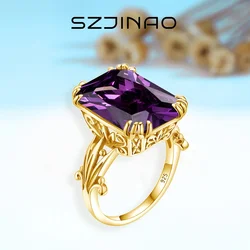 High Quality 925 Sterling Silver Woman Rings Amethyst Rectangle Gold Plated Banquet Party Trend Luxury Elegant Fine Jewelry