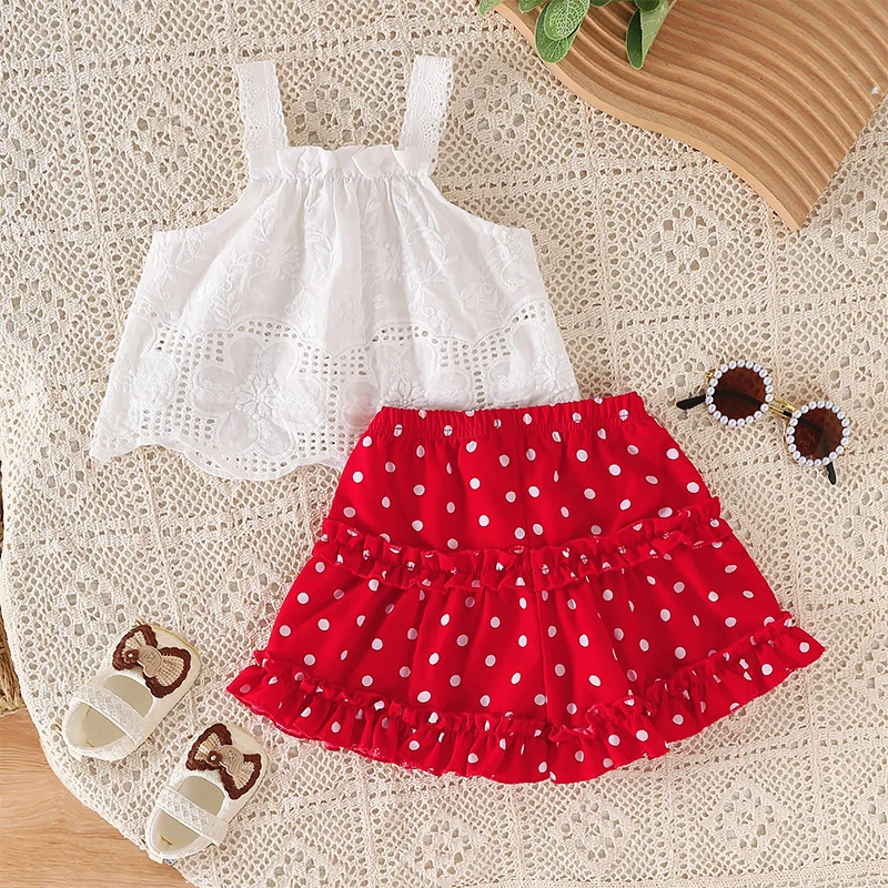 Baby Girls Shorts Set Sleeveless Flower Camisole with Dots Print Shorts Summer Girls Clothing Outfit Set