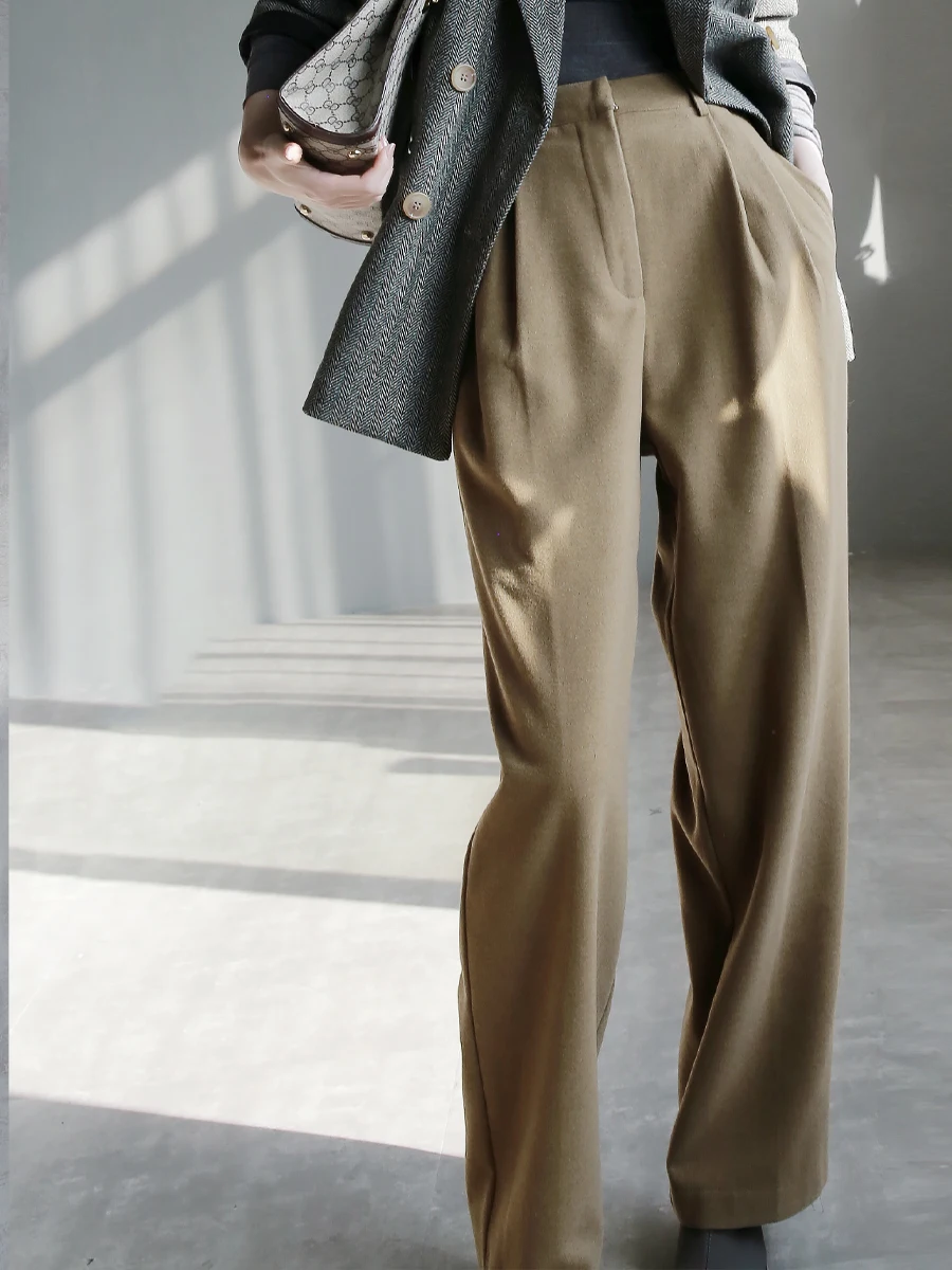 

Warmo Winter New High Waist Wide Leg Casual Pants Women's Double Pleat Floor Length Commuter Trousers Ele Loose Fit