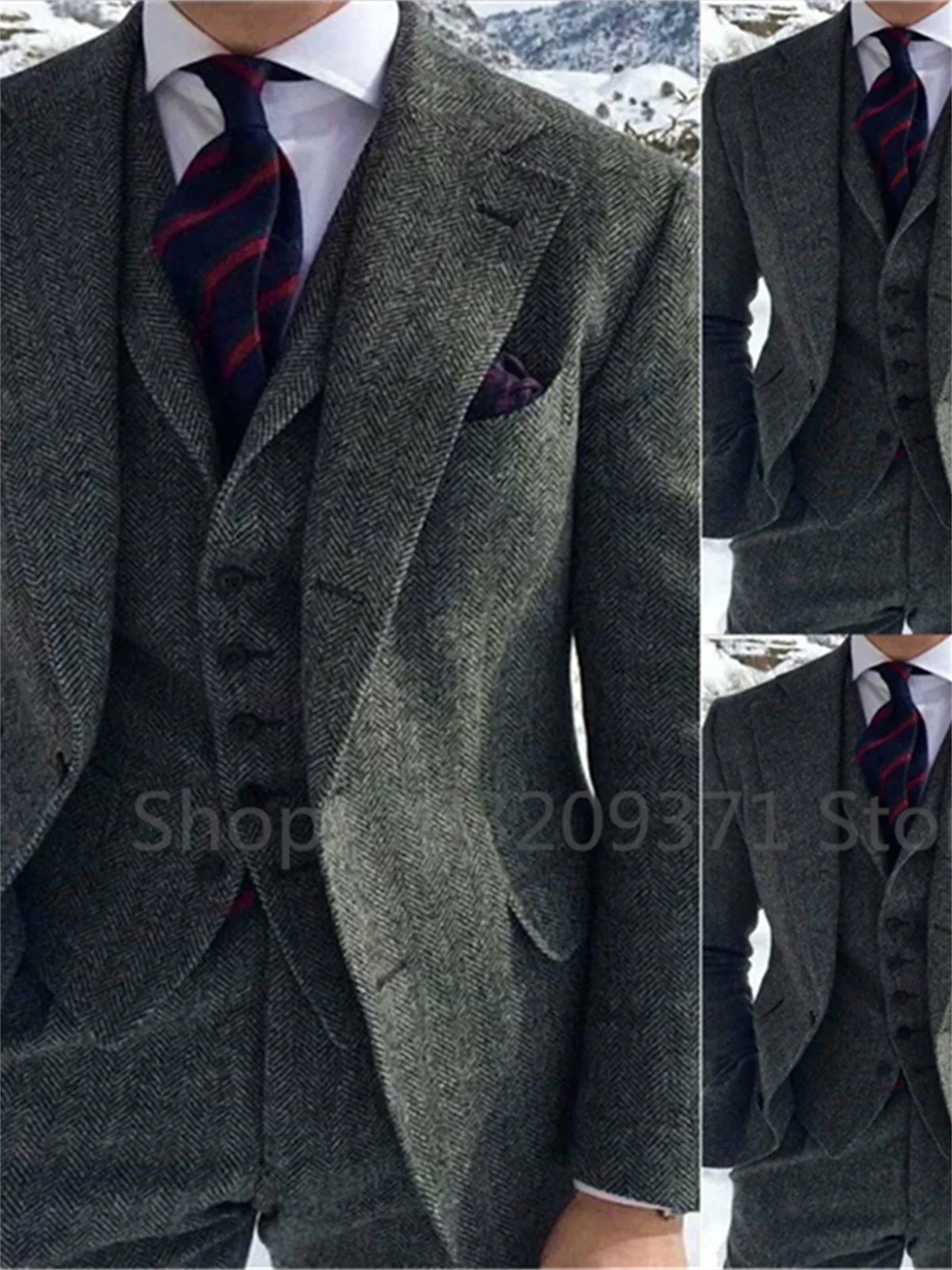 3 Pieces Men\'s Suits Tweed Herringbone Slim Fit Business Cauasl Waistcoat Jacket Groomsmen Wedding Suits(Blazer+vest+Pants)