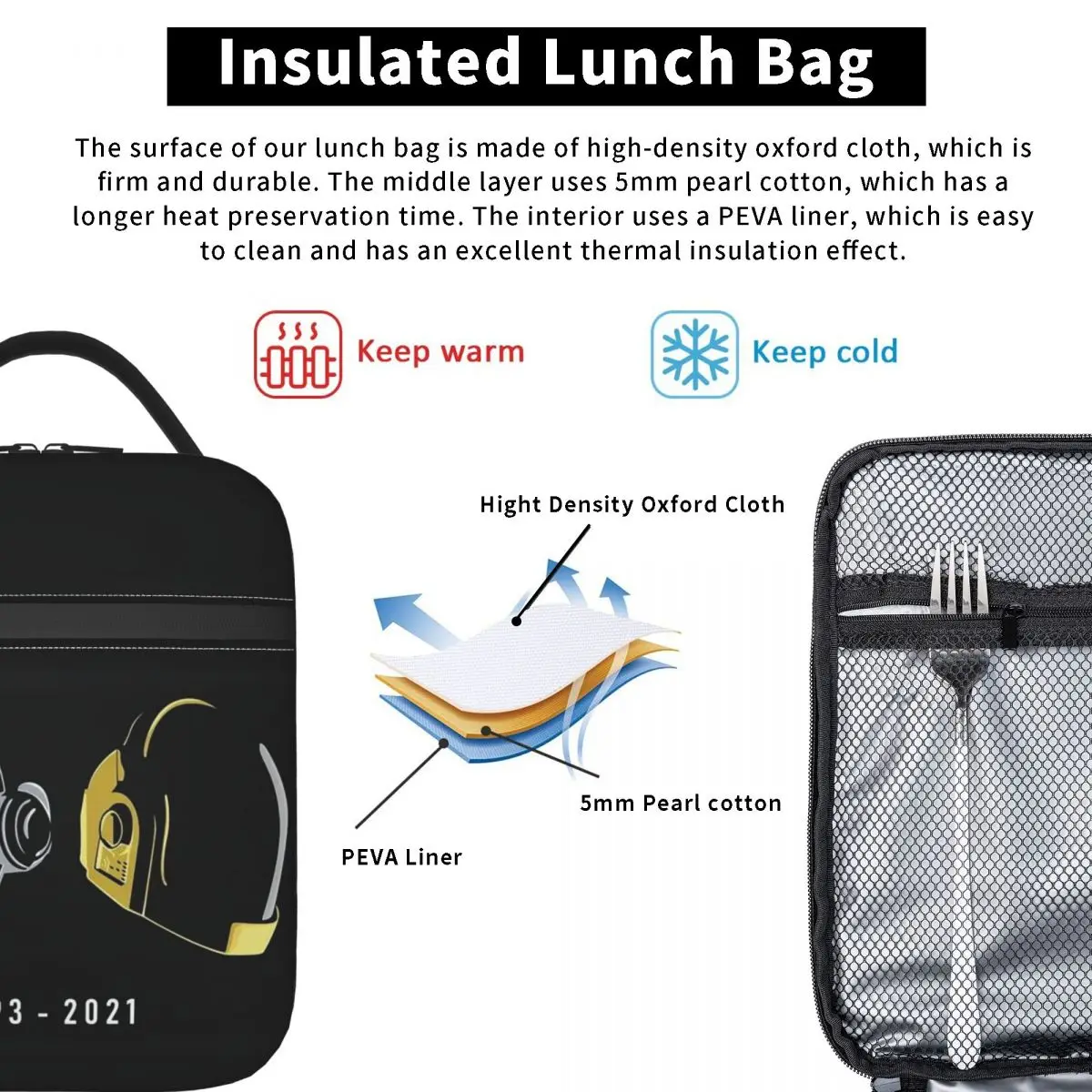 Daft Punk Electronic Music Band Tribute Helmet Art Insulated Lunch Bag for Women Children Food Boxes Thermal Lunch Box Tote