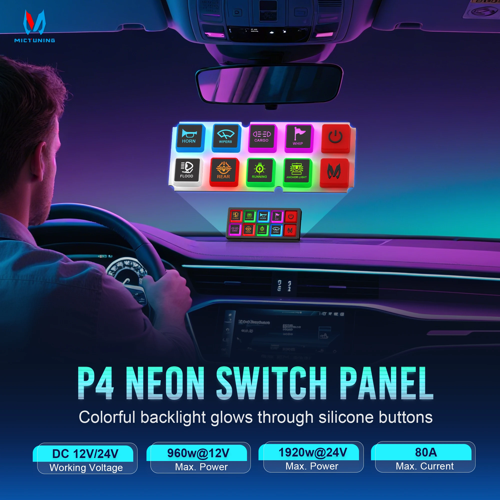 MICTUNING P4 Neon 8-Gang Switch Panel Relay Universal System Box, LED Backlit Silicone Buttons, Toggle On-Off Touch Pod