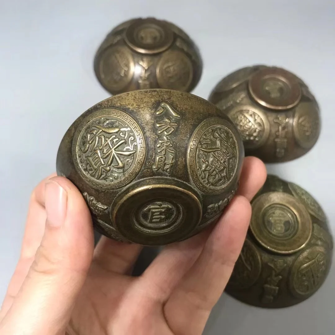 Antique collection of pure copper bowls, a set of palace high-relief gold and copper cups to attract wealth and treasure tea bow