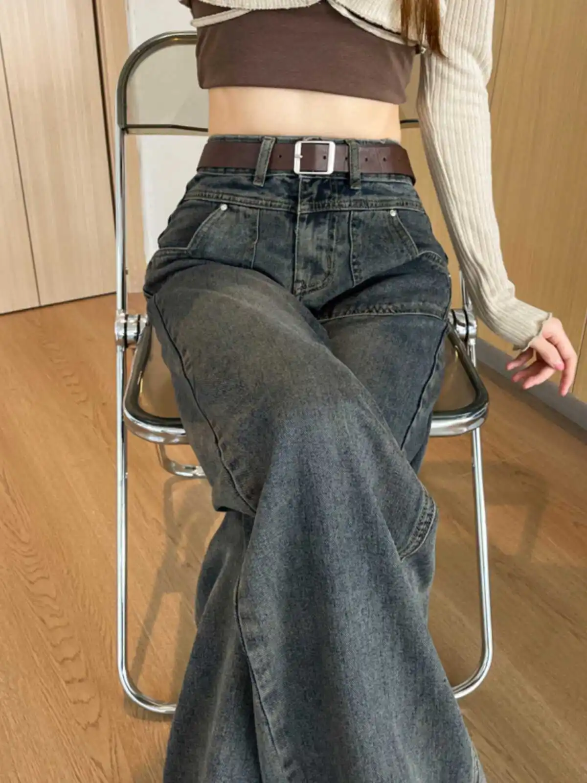 

Широкие джинсы с высокой талией, женские утягивающие джинсы, свободные брюки длиной до пола, прямой крой, тонкие летние джинсовые брюки в стиле ретро цементного цвета