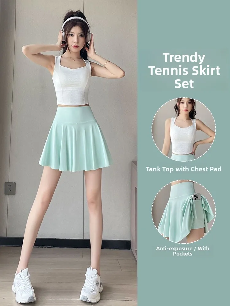 

Повседневный комплект спортивной одежды для тенниса, женская летняя новая одежда для фитнеса, жилет с высокой талией, плиссированная юбка для бадминтона, нейлоновый Sp...