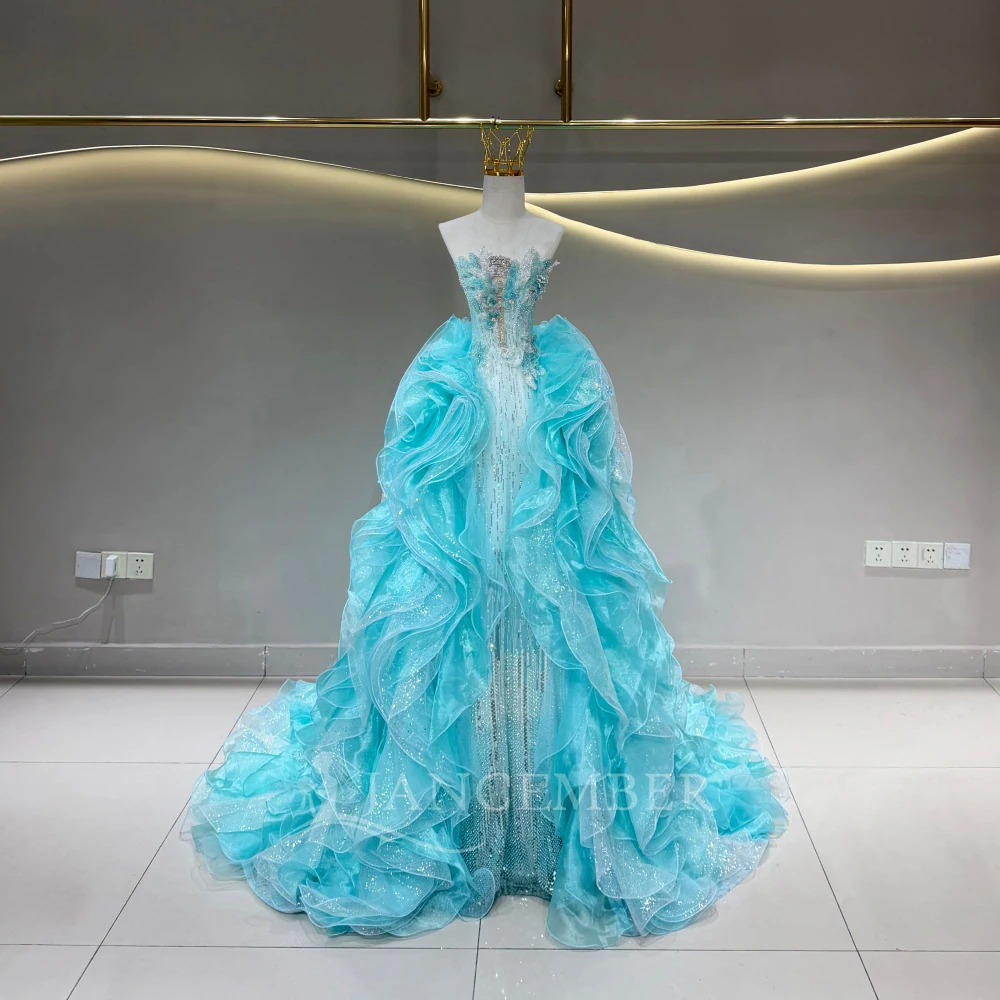 Lavish Quinceanera Dresses Aqua Blue Organza A-line Customized 3D Flowers Appliques Sweep Train vestido de 15 quinceañeras