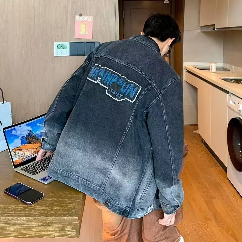 Loose Men's Denim Jacket Autumn Winter plus Size 250 Pounds Korean Style Casual Shirt Trendy Coat Simple Long Sleeve Flip Collar