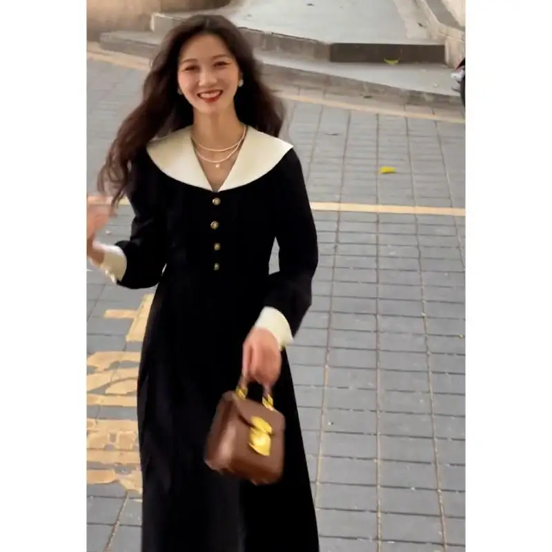 Retro Hepburn Sle Velvet Dr Autumn Winter New Women's Long Skirt High Waist V-ne Busin Home A-line Dr