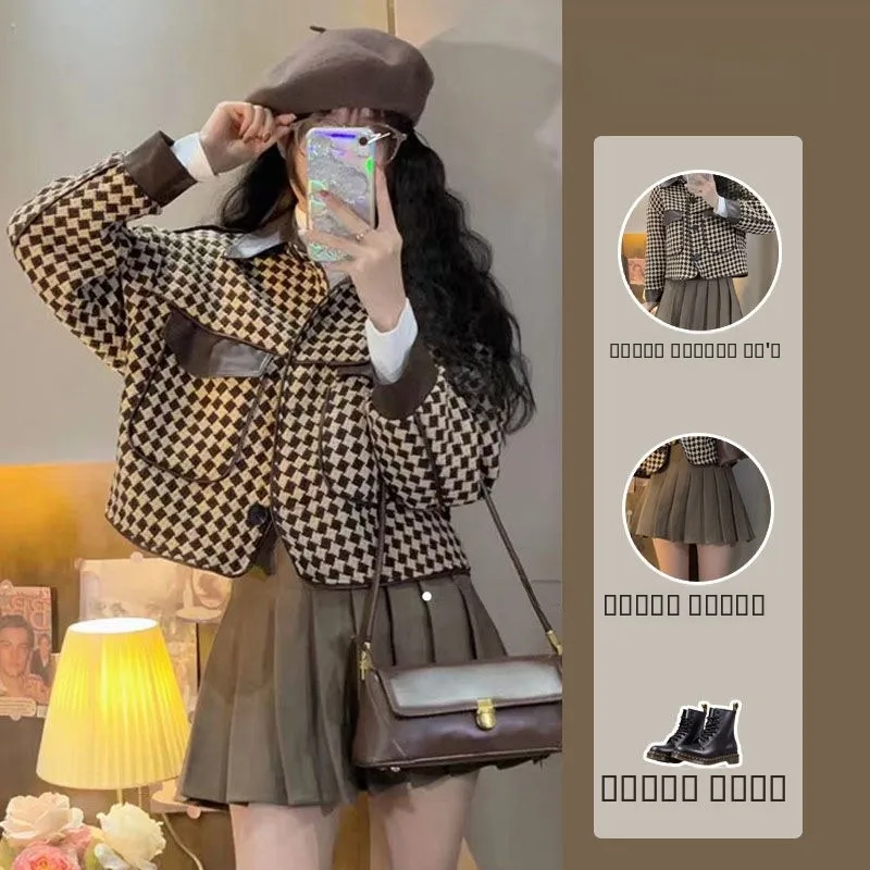 

Ретро-пальто женское в клетку в корейском стиле, шикарная куртка-жакет, высококачественное, осенне-зимнее, с воротником, на пуговицах, длинное, с длинными рукавами