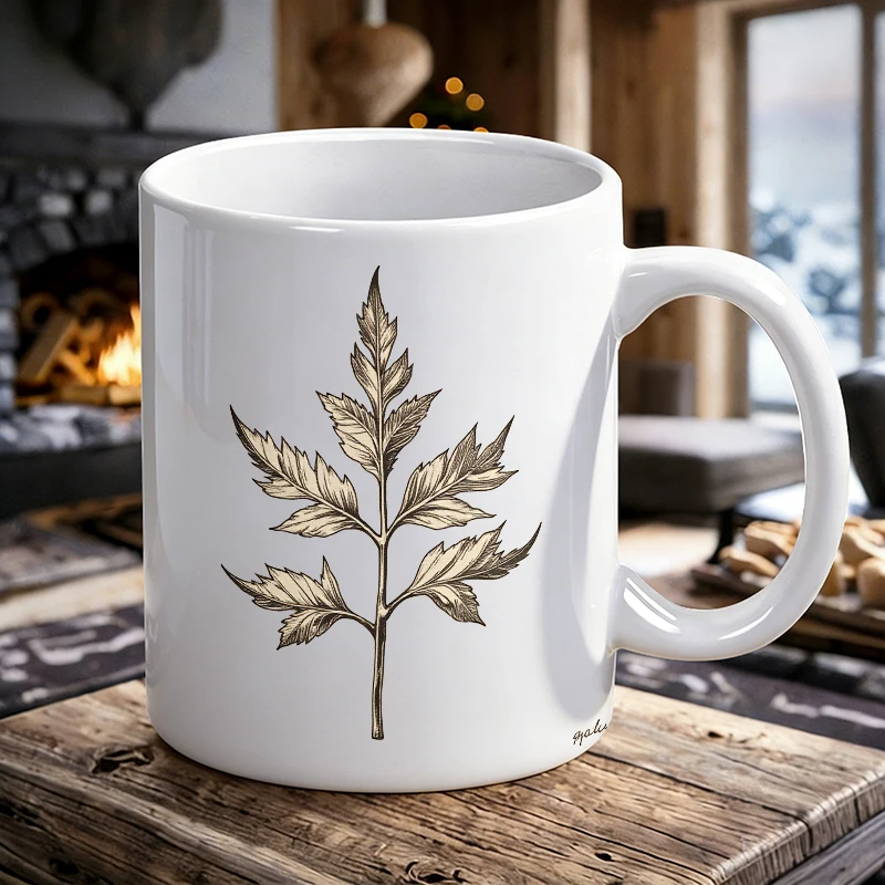 

Vintage line art plant branches and leaves ceramic mug, coffee cup, milk cup, office tea cup, drinking cup, gift for friends,