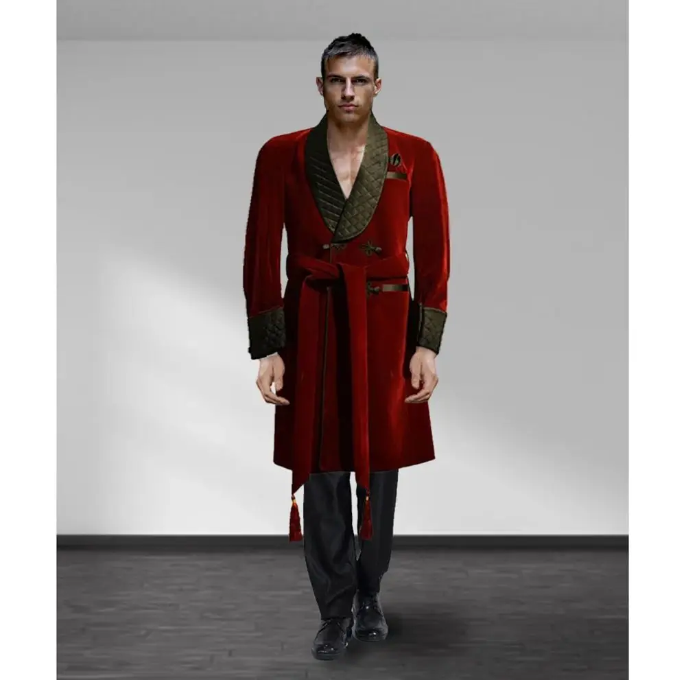 High-end Burgundy Velvet Men Jacket One Piece Black Shawl Lapel Smoking Coat Costume Homme Loose Daily Blazer