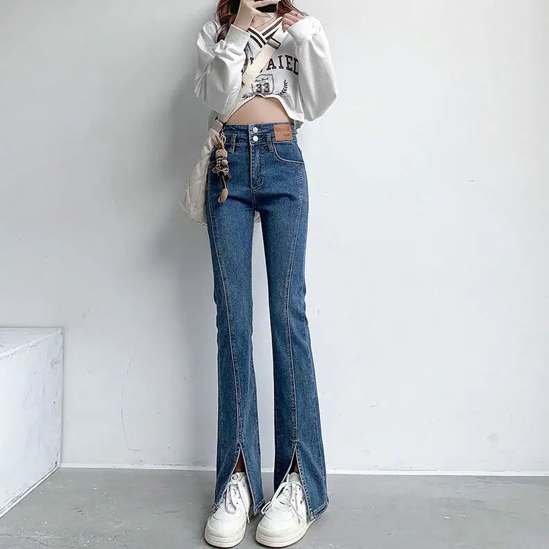 High Waist Flared Jeans Women's Slim Fit Drapey Split Pants Spring Autumn Long Trousers Vintage Style Floor Length