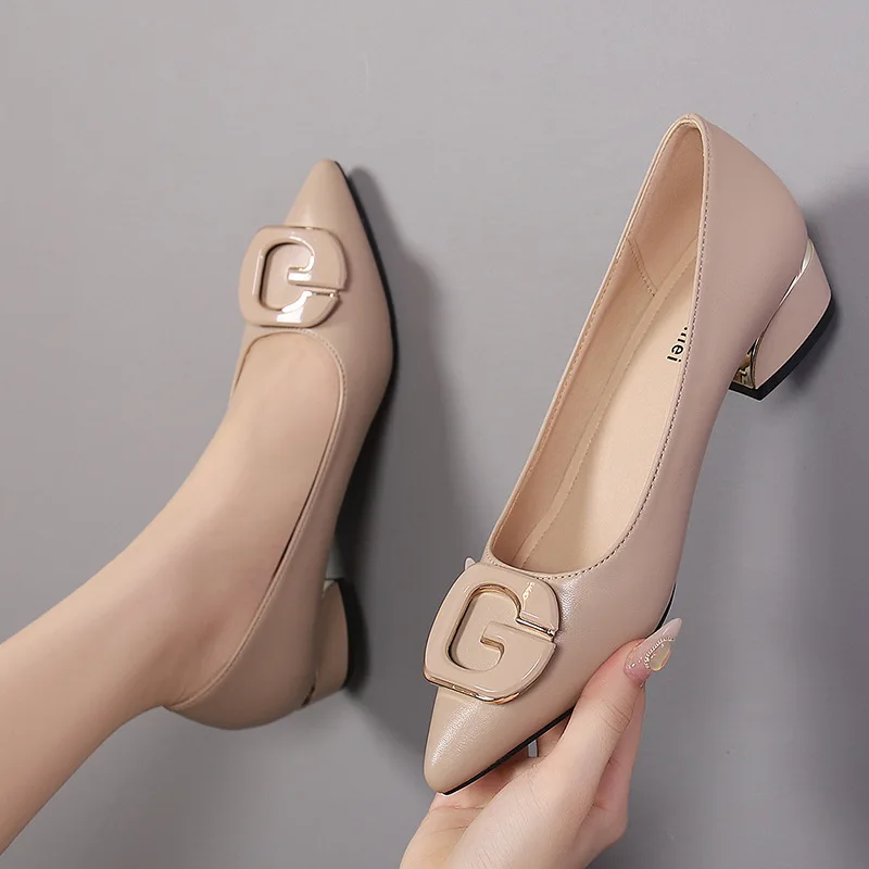

Pointed Toe Buckle New Coarse Heel Korean Style Low Heel Fashion Versatile Soft Leather Work Professional Single Shoes for Women