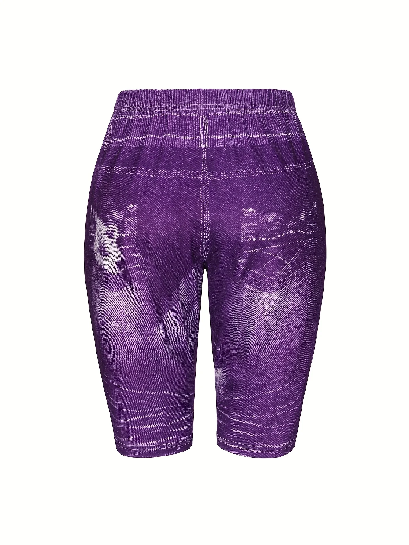 Short ajusté en Denim violet imprimé fleur de lys, Leggings décontractés pour femmes, haute élasticité et confort