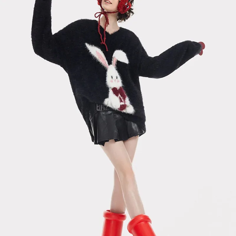 سترة محبوكة جديدة لخريف وشتاء 2025 على شكل أرنب لطيف كلاسيكي فضفاضة ومتعددة الاستخدامات برقبة دائرية   ﻿