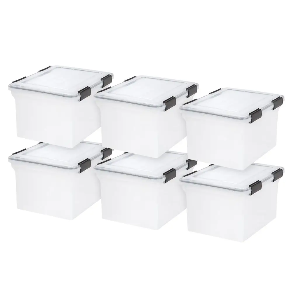 

32 Quart WEATHERPRO Plastic Storage Box with Durable Lid and Seal and Secure Latching Buckles, Clear with Black Buckles, 6 Pack