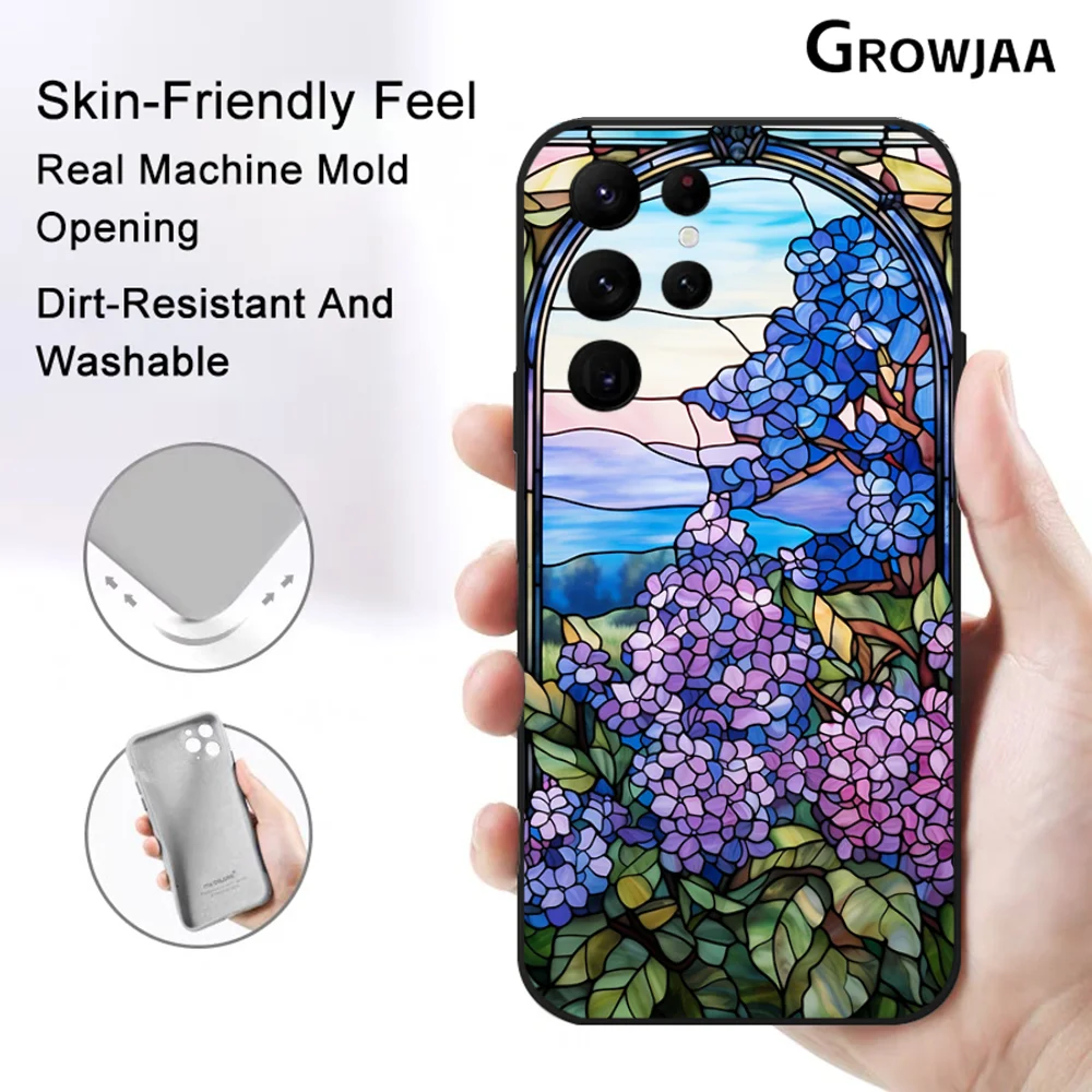 Stained Glass Purple Flowers Phone Case for Samsung Galaxy S24 Ultra S22 S23 Ultra S21 S20 5G Protective Silicone TPU Funda image 3