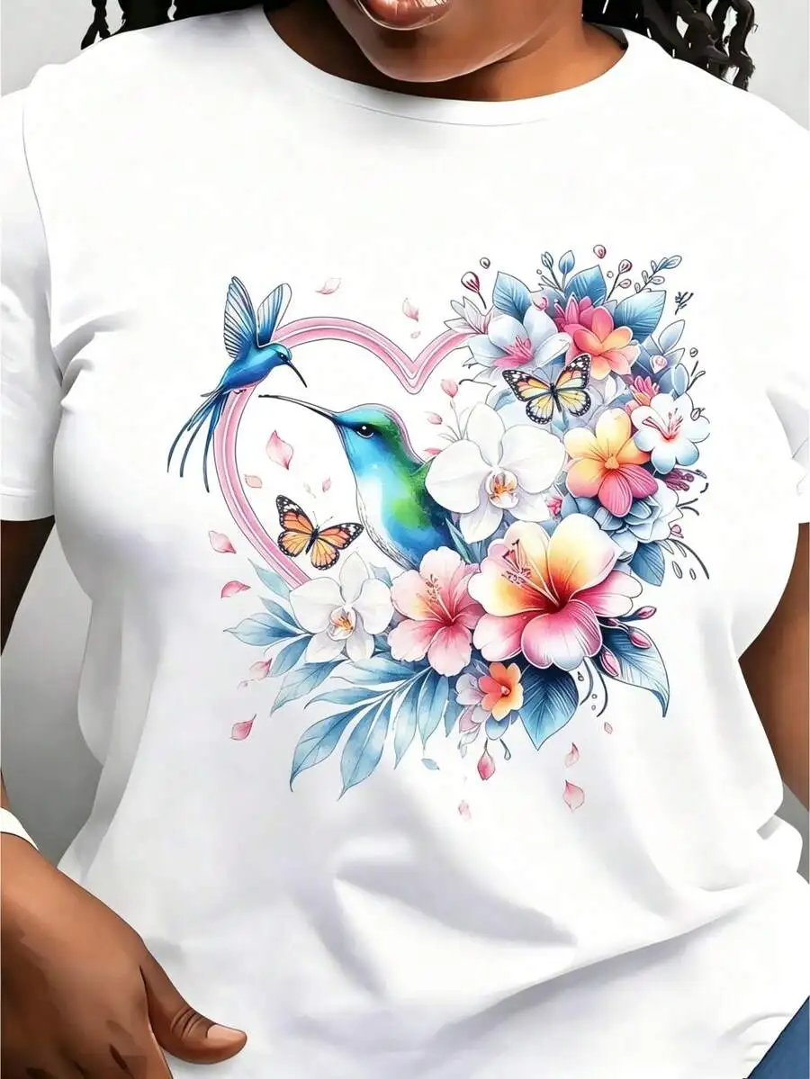 Watercolor Hummingbird Butterfly Floral Heart Print Women Casual Tee, Crew Neck Short Sleeve Graphic T-Shirt, Trendy Botanical Aesthetic Top For Everyday Outfit