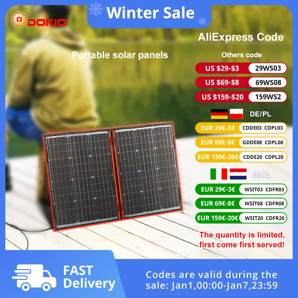 Dokio 18V 100/160/200/300 W Portable Foldable Solar Panel with 12V Controller to Charge Battery suitable for Camp